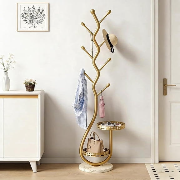 Metal Standing Coat Rack, Tree-Shaped Coat Rack with Marble Base & 8 Hooks for Hang Clothes, Hats