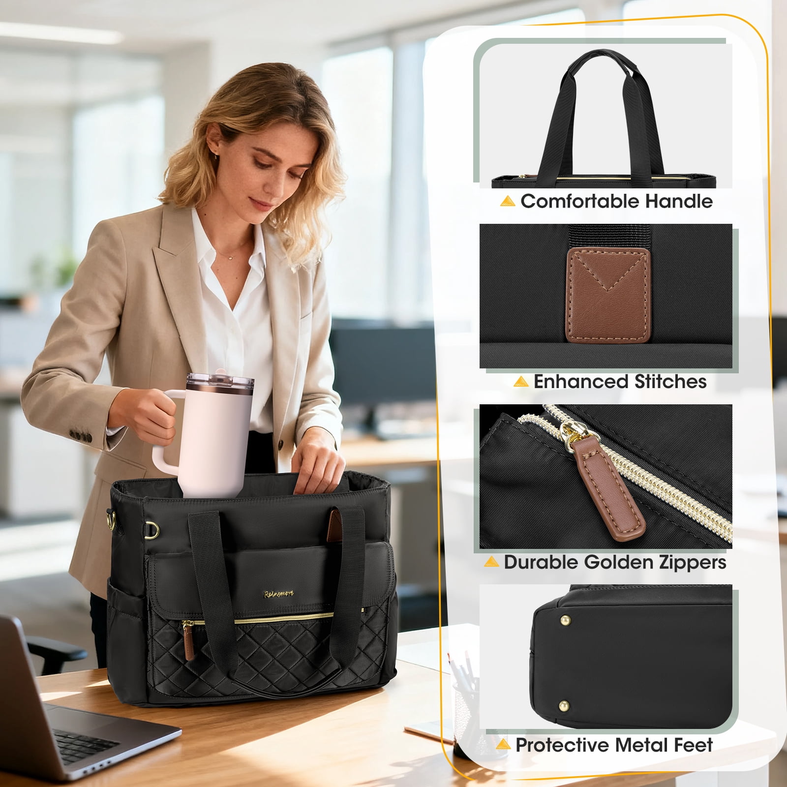 RAINSMORE Teacher Tote Bag 15.6 inch Laptop Bag for Women with Small Bag Professional Work Tote Bags Nurse Bag Computer Briefcase,Black