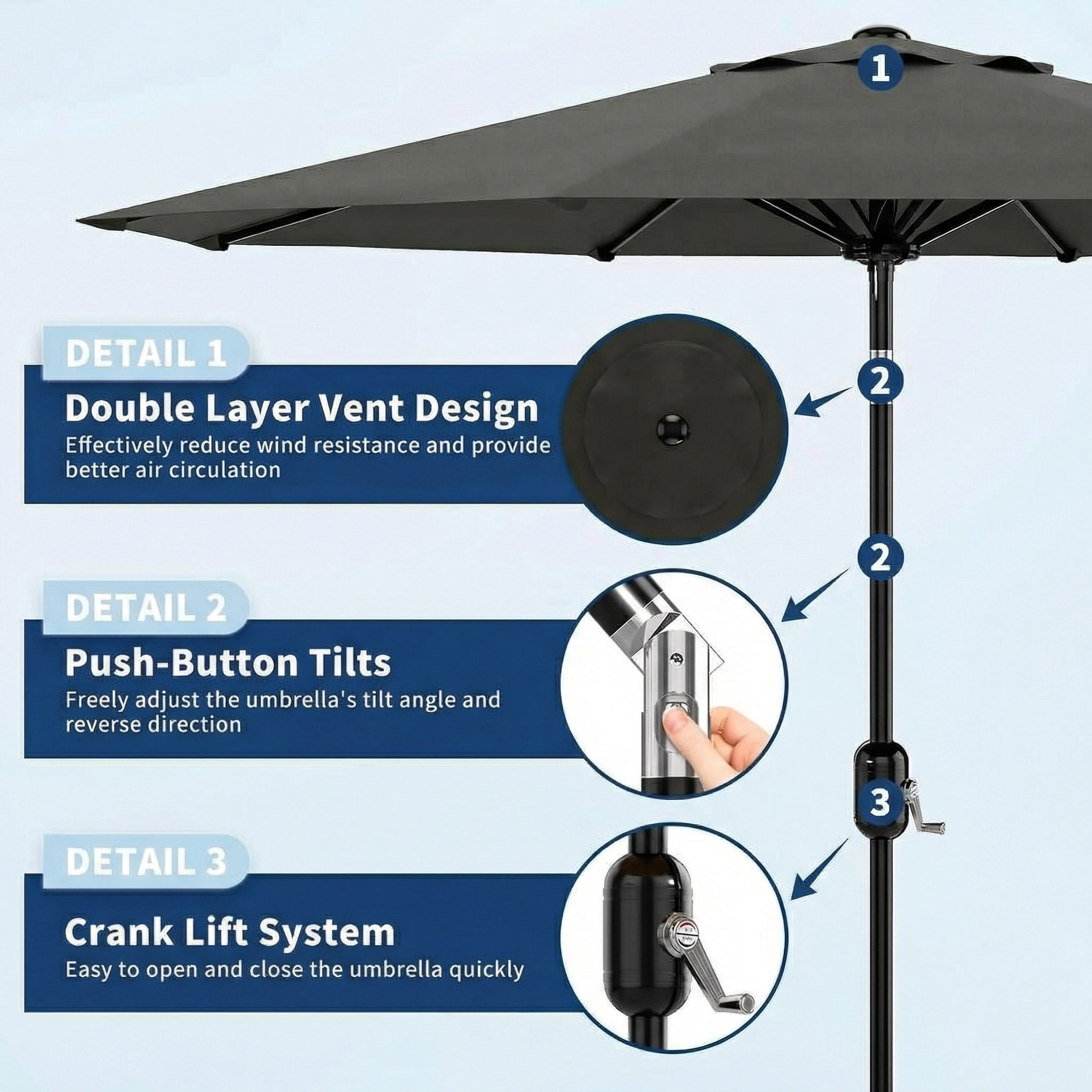 10 ft Patio Umbrella,8 Ribs Outdoor Market Table Umbrella with Crank Lift Push Button Tilt,Gray