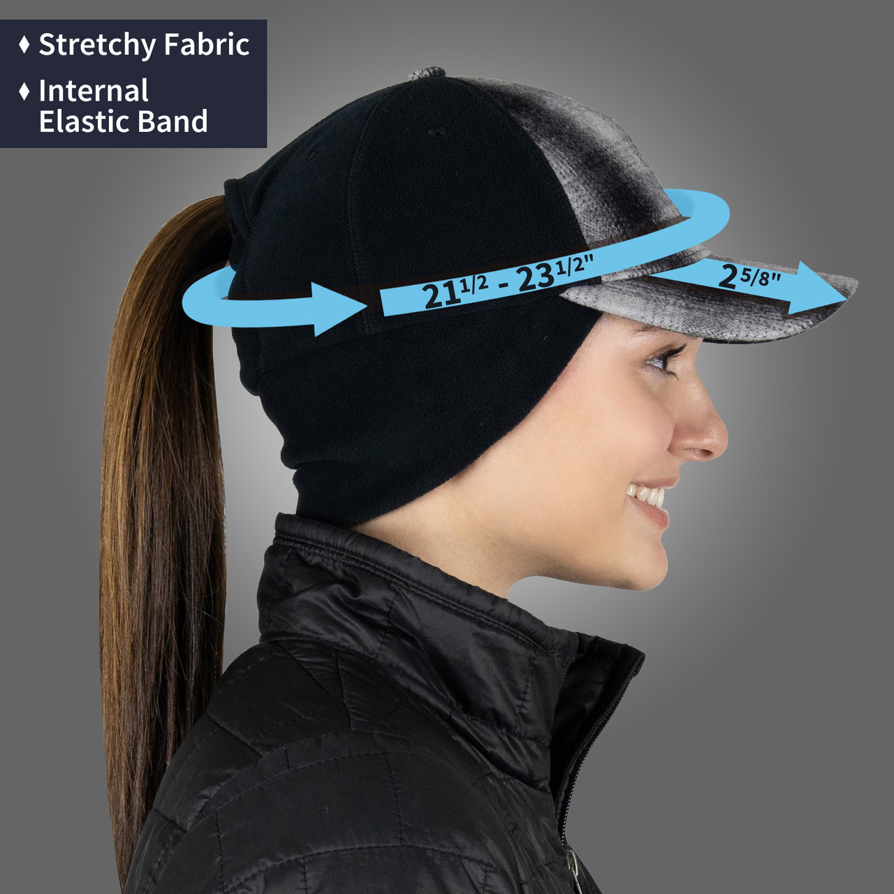 ?Women’s Quilted/Black Winter Ponytail Trucker Hat with Drop-Down Ear Warmers Winter Trucker Hat for Women - Quilted Ponytail Hat main image 2