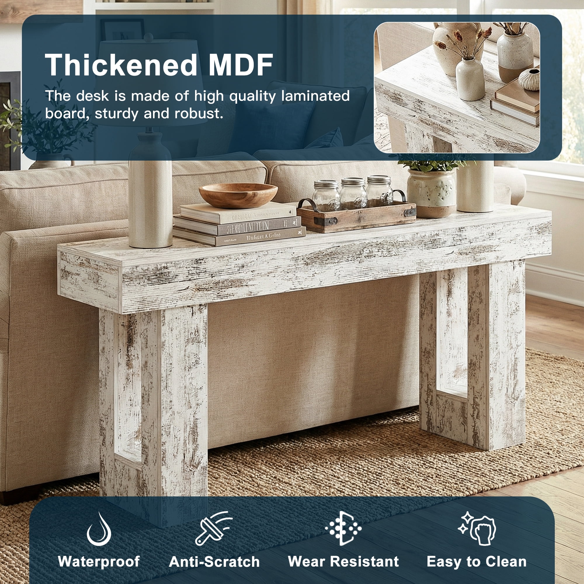 Demi Bonn 63" Console Table, Farmhouse Wooden Sofa Table Entryway Table for Hallway, Entrance, Living Room, Bedroom, Gray + White