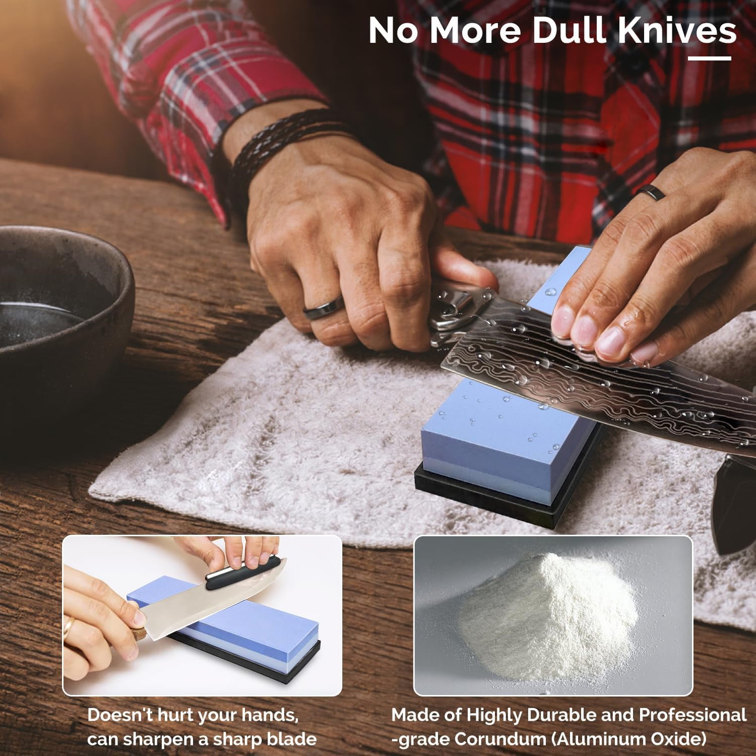 Knife Sharpening Stone Set – Dual Grit Whetstone 400/1000 3000/8000 Knife Sharpener with Leather Strop, Flattening Stone, Bamboo Base, 3 Non-slip Rubber Bases & Angle Guide