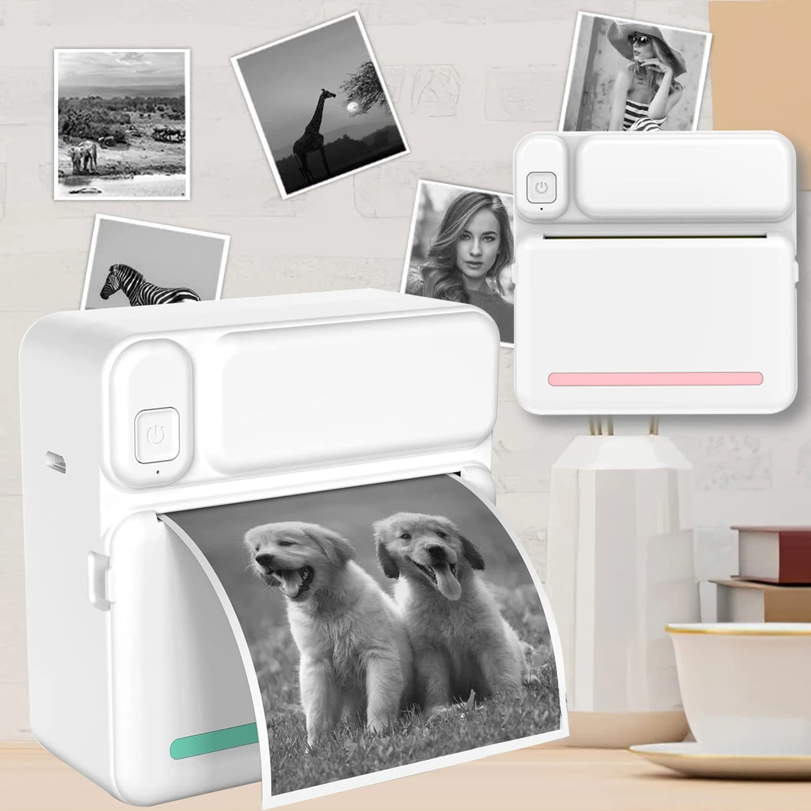 Djiypn Mini Photo Printer - Portable Pocket Sticker Printers for Phone Thermal Printer with 6 White Rolls Thermal Paper for Photo, Memo, Journal - Pink