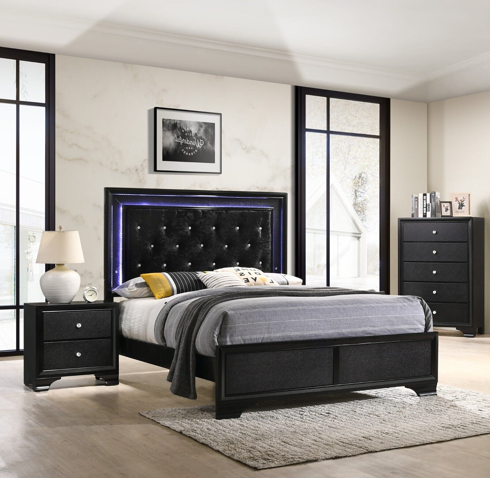 Modern 3pc Full Size Upholstered LED Backlit HB Black Bed Chest Nightstand Set Bedroom Furniture