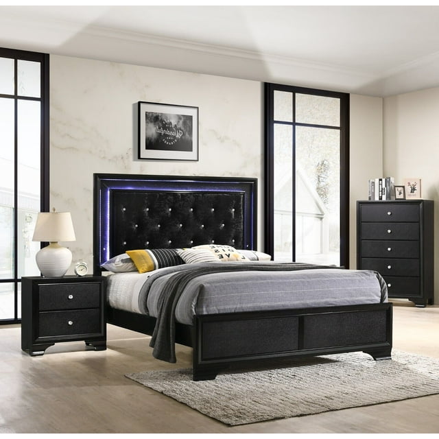 Modern 3pc Full Size Upholstered LED Backlit HB Black Bed Chest Nightstand Set Bedroom Furniture ...