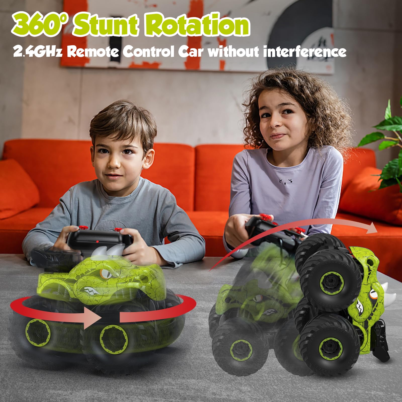 Huge Wave Remote Control Cars for Boys, 2.4Ghz RC Dinosaur Toys for Boys 3-6, RC Monster Trucks with Light & Sound Spray, Birthday Christmas Gift for Boys 3 4 5 6 7 8, Green