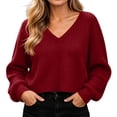 thumbnail image 5 of Cropped Sweater Zaewscy Women V Neck Waffle Knit Cropped Pullover Sweater Casual Long Sleeve Loose Fit Fall Winter Top Red M, 5 of 9