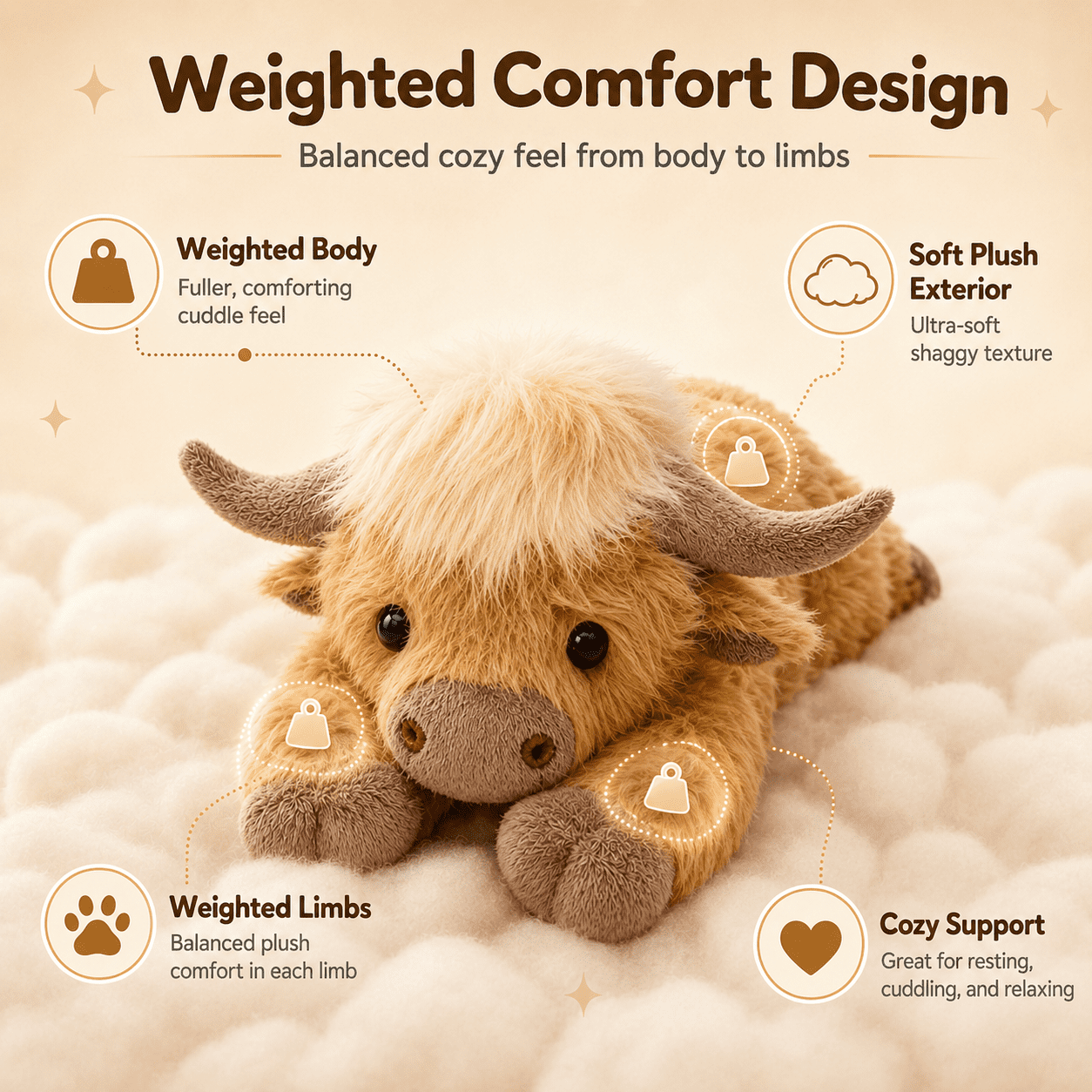 Highland Cow Weighted Stuffed Animal with Microwavable Heating Pad, Soft Fluffy Highland Cow Plush Toy, Heatable and Coolable Weighted Plush Warm Gift for Kids and Adults