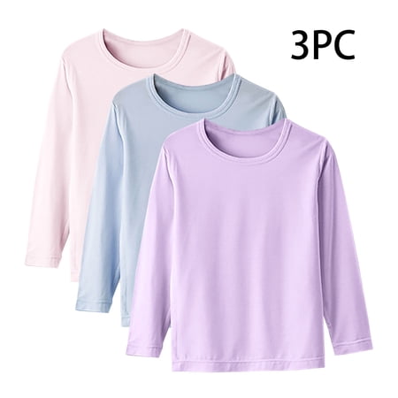 HomeDM Girls Boys Long Sleeve Tees 3 Pack Crew Neck Soft Cotton T Shirts Unisex Kids Fall Undershirts Pink/Blue/Purple/14-15 Years