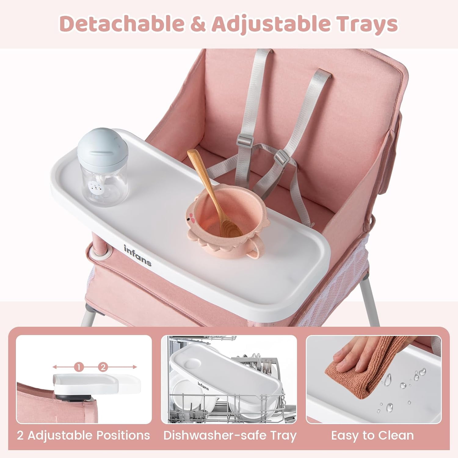 INFANS Baby High Chair, Foldable Portable Highchair for Babies and Toddlers with Travel Bag Adjustable Tray, 5 Point Harness, Compact Space Saver Infant Feeding Chair for Age 6-36 Months