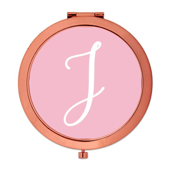 Koyal Wholesale Rose Gold Compact Mirror Bridesmaid's Wedding Gift, Blush Pink, Monogram Letter J, 1-Pack