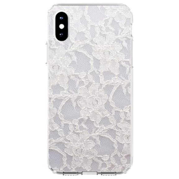 DistinctInk Clear Shockproof Hybrid Case for iPhone XR (6.1" Screen) - TPU Bumper, Acrylic Back, Tempered Glass Screen Protector - White Lace Wedding