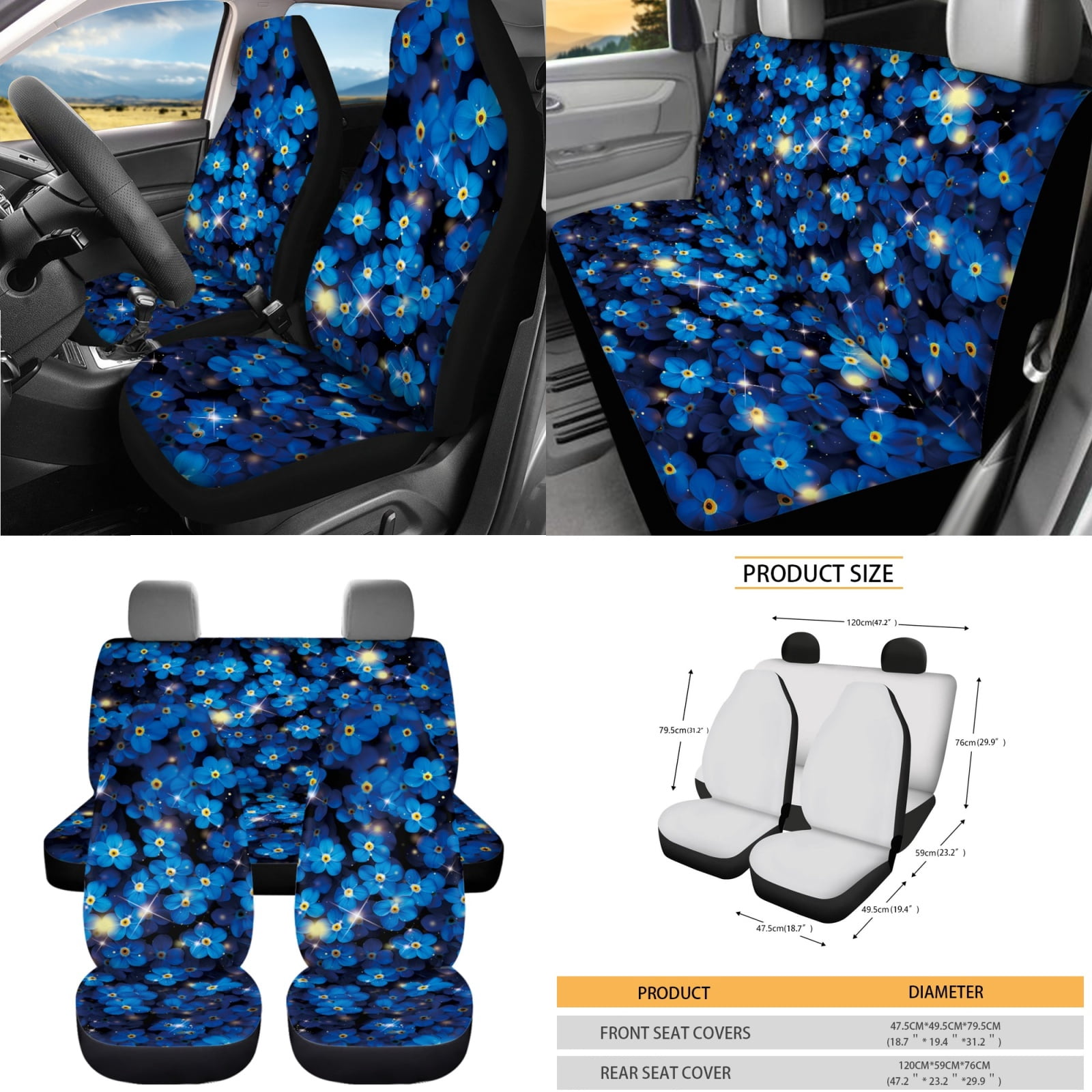 Yuyamidu 15 Pack Blue Flower Car Seat Cover Full Set Women Auto Seat Protector with Steering Wheel Cover Seat Belt Pads Trash Bin Air Vent Organizer Rear View Mirror Cover Coasters Key Chain