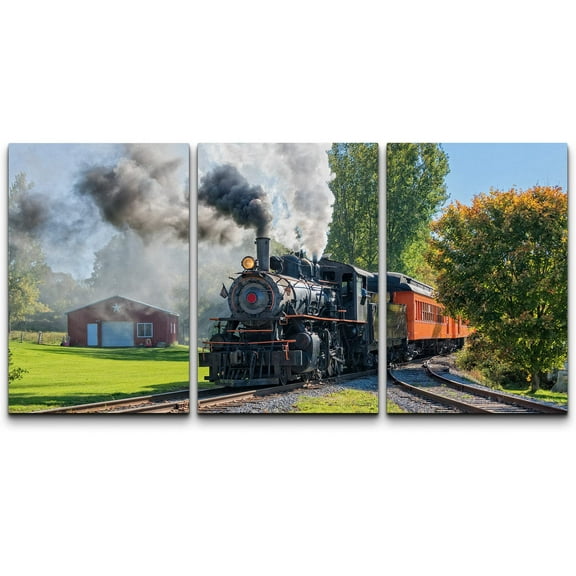 wall26 Canvas Print Wall Art Set Vintage Retro Steam Engine Train at Depot Nature Wilderness Photography Realism Rustic Scenic Colorful Landscape for Living Room, Bedroom, Office - 24"x36"x
