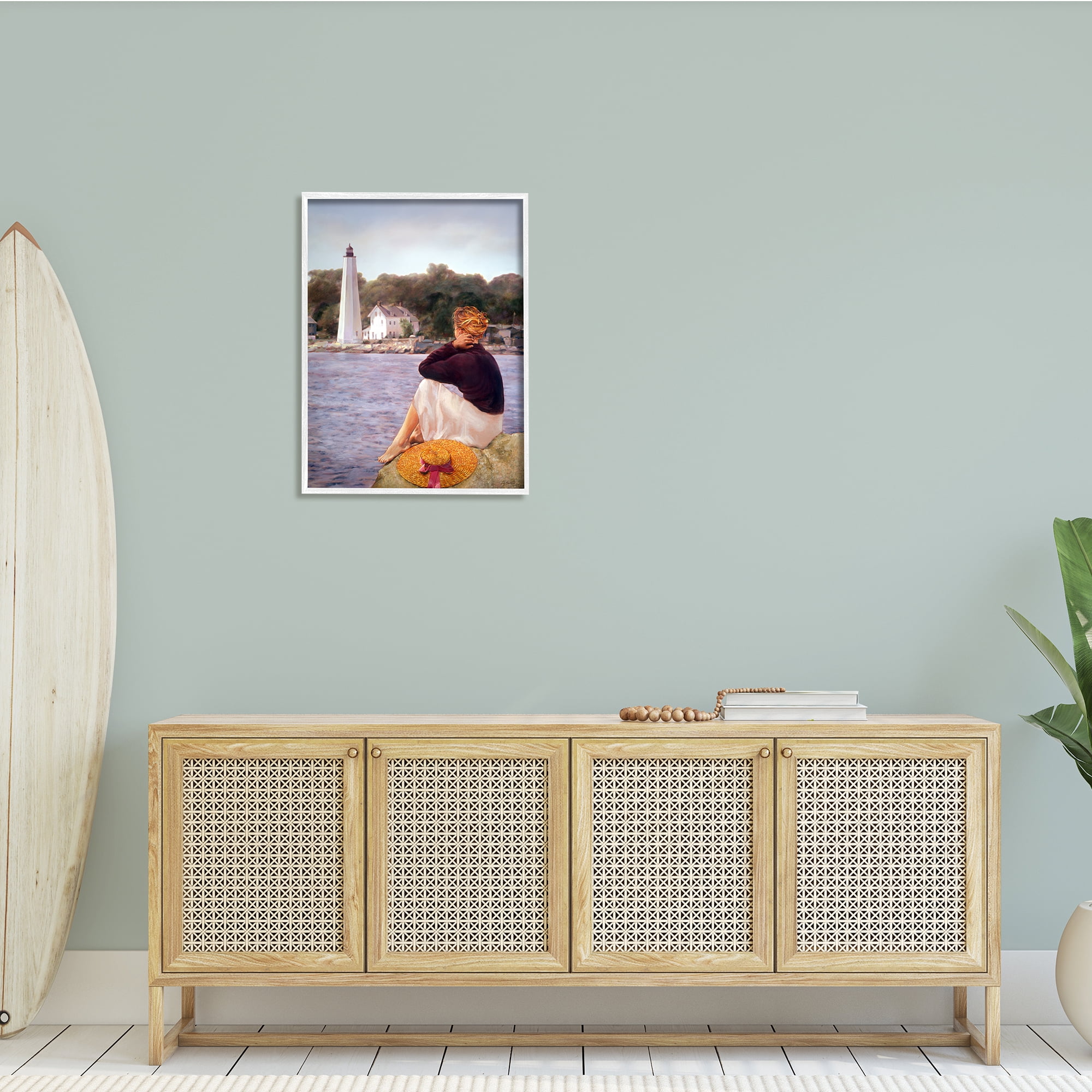 Stupell Industries Woman at Shoreline Coast Lighthouse Realistic Nautical Painting, 24 x 30, Design by Robert Desantis