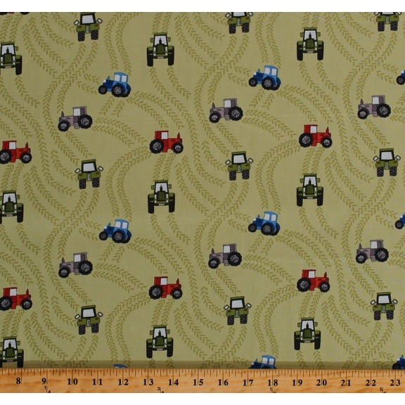 Cotton Tractors Farm Transportation Tracks Imprints Marks Piggy Tales Green Cotton Fabric Print by the Yard (A533-1)