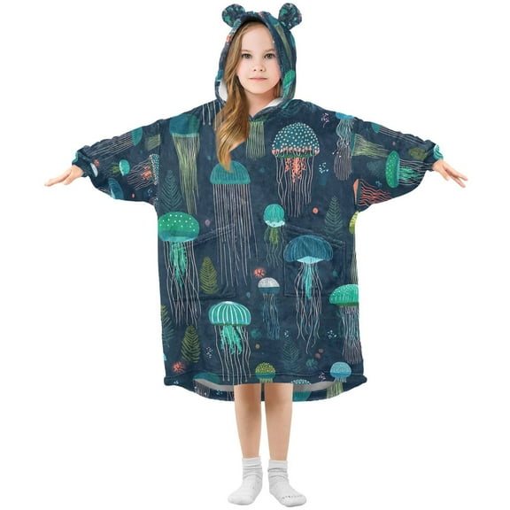 FORMRS Wearable Blanket Hoodie with Sleeves for Kids Cozy Flannel Sweatshirt, Green Jellyfish Pattern