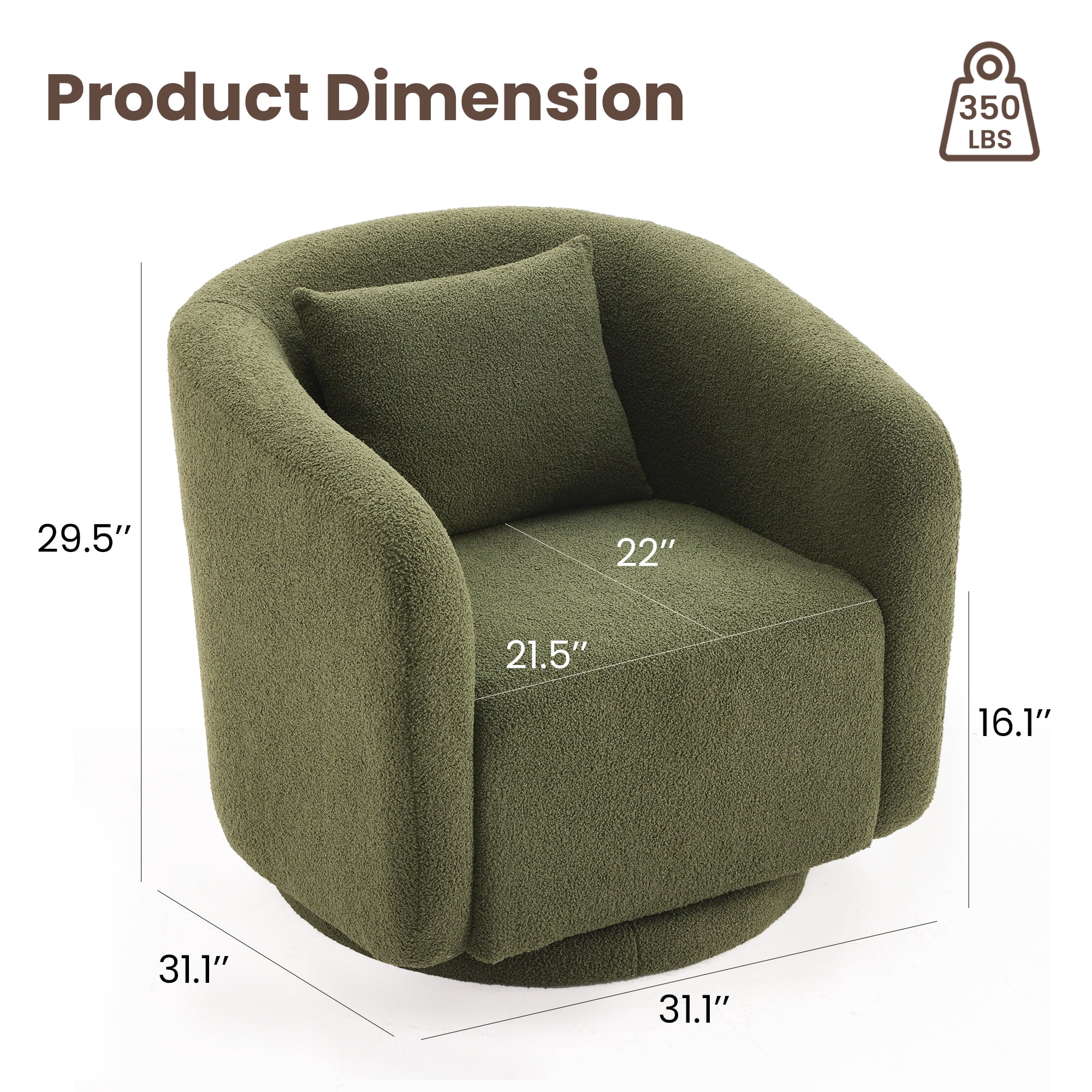 MAYEERTY 31.1" Green Boucle 360° Swivel Barrel Chair,350LBS Wood Frame Accent Chair with Pillow for Living Room Bedroom Office