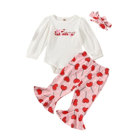 

JYYYBF 0-18M Valentines Days Newborn Baby Girl Outfit Long Sleeve Ribbed Romper Love Heart Flared Pants 3Pcs Clothes Set Pink Lollipop 0-3 Months