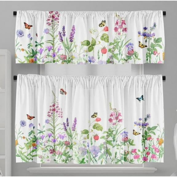 Spring Flowers Butterfly Kitchen Curtains Short and Valance Set Watercolor Wildflowers Floral Fabric Curtain Drapes Cafe Curtains Valance for Home Decor