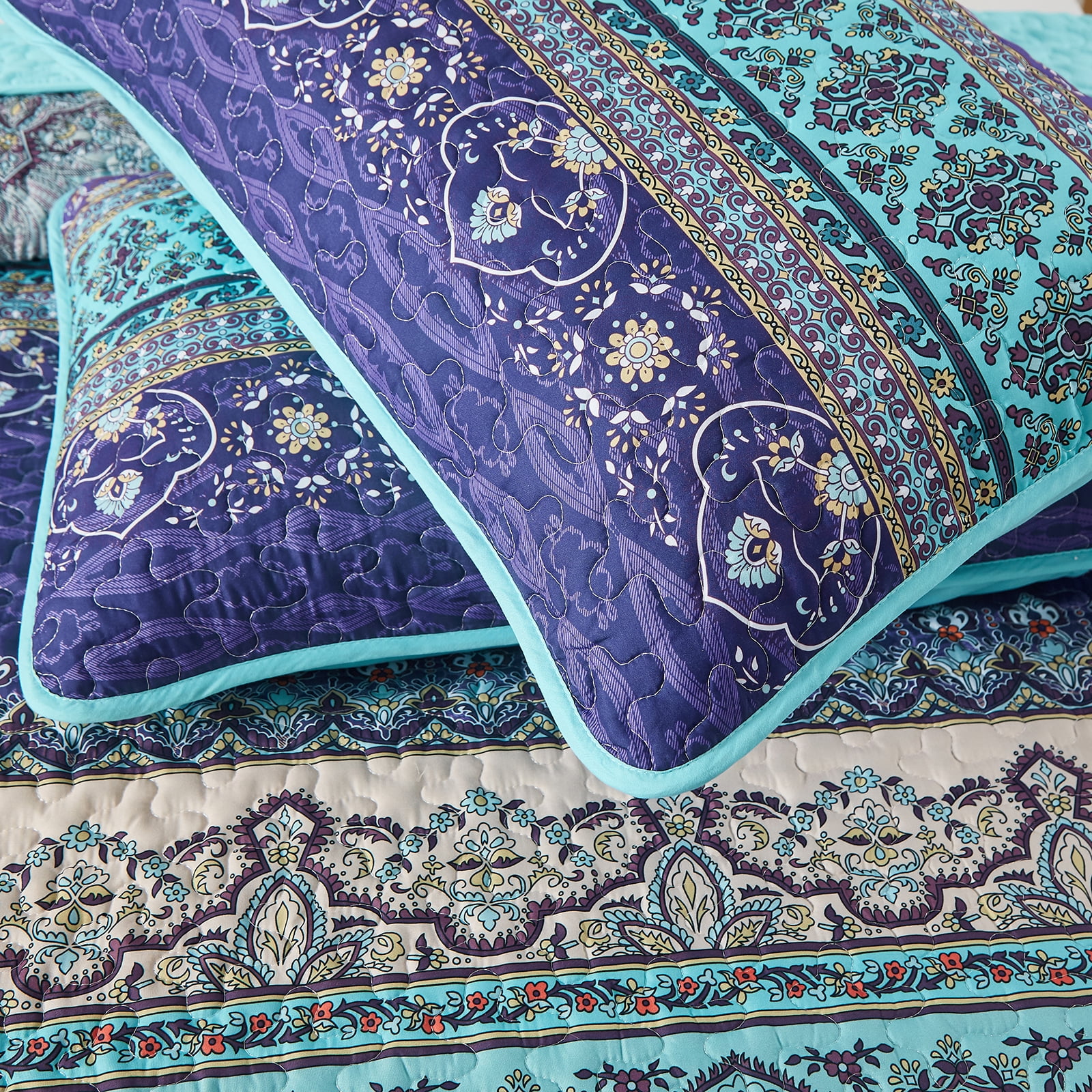 Dintszyayue Bohemian Quilt Set King Blue,3Pcs Stripe Boho Bedspread Lightweight Adult(90"x110")