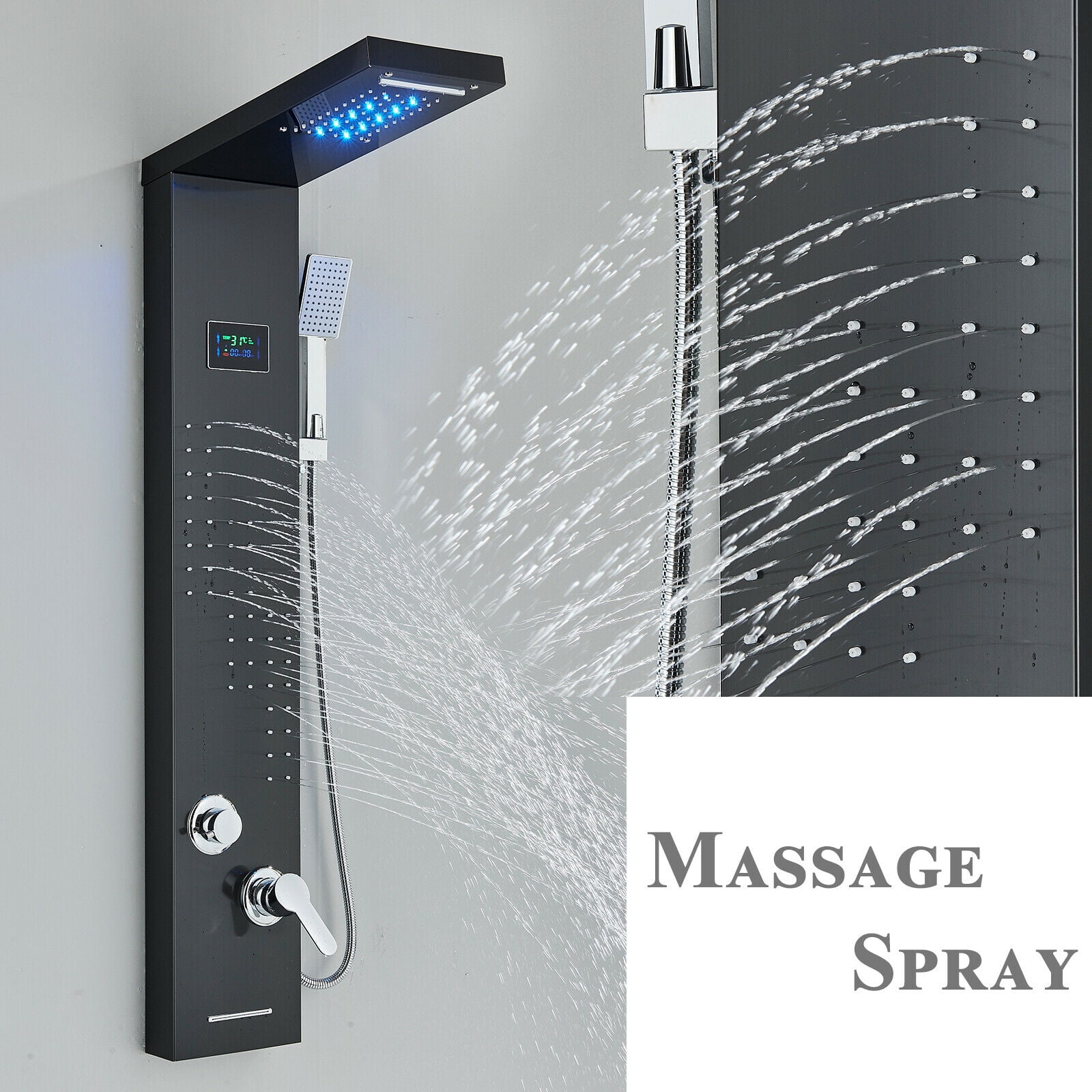 Black LED Shower Panel Tower System Rain&Waterfall Massage Jets Stainless Steel