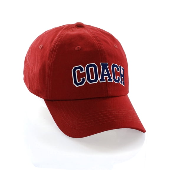 Sports Team Coach Baseball Hat Layered Arch Letters Unstructured Low Profile Cap, Red Hat White Navy Letters