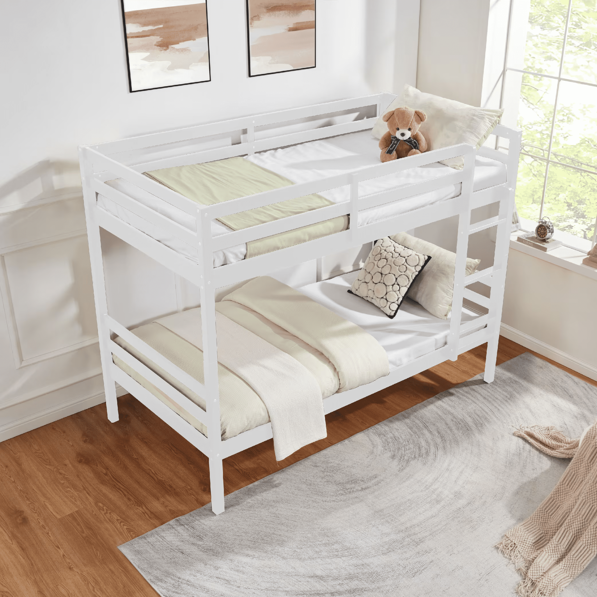 MAYEERTY Twin over Twin Bunk Bed with Ladder, Wooden Bed Frame with High Guardrail and Ladder for Kids, No Box Spring Needed, White