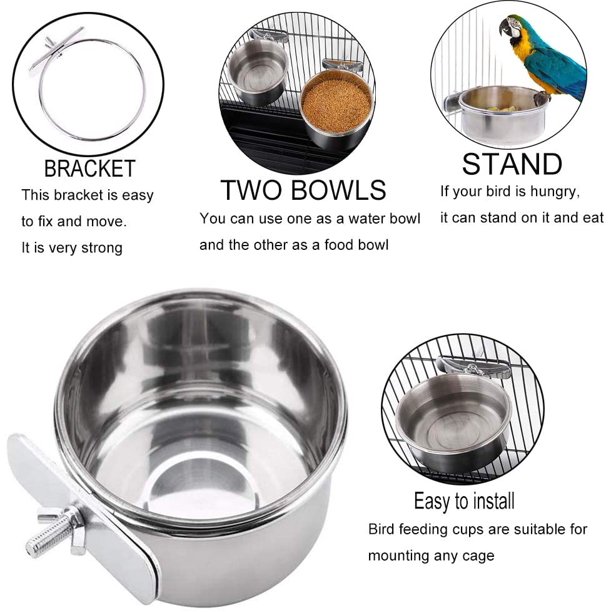 2 Pcs Parrot Feeding Cups Birds Food Dish Stainless Steel Parrot