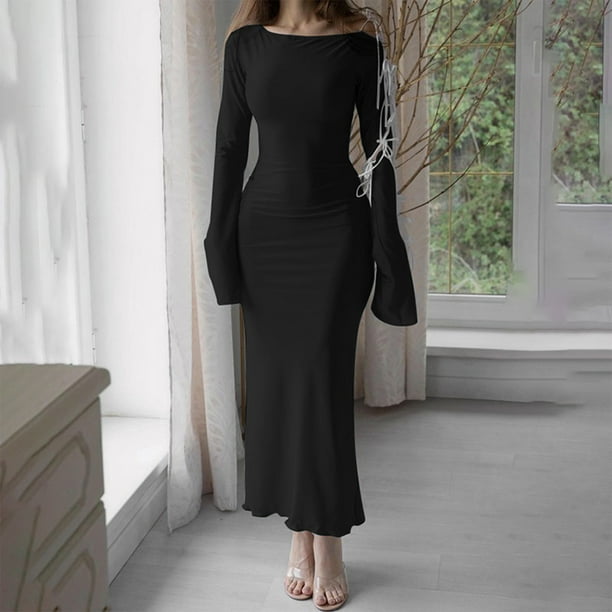Vestido largo ajustado con cordones, vestido largo para mujer, vestido de fiesta elegante para club Ygjytge Negro T M para Mujer