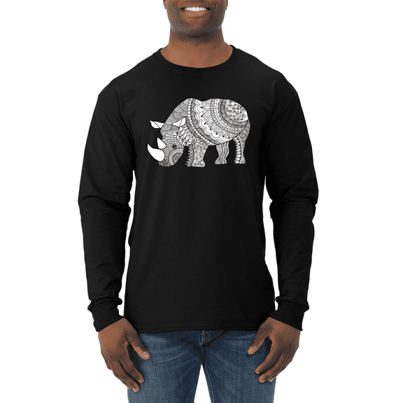 Black and White Mosaic Retro Mandala Rhino Animal Lover Mens Long Sleeve Shirt