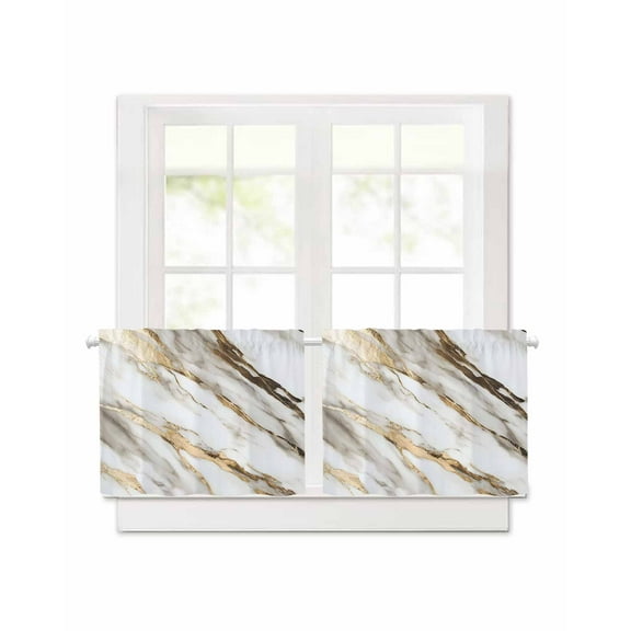Abstract Art Short Blackout Curtains 24 Inch Long Marble Texture White Gold Crack Stone Minimalism Rod Pocket Kitchen Curtains, 2 Panels Thermal Insulated Room Drapes for Bedroom, 30"W x 24"L