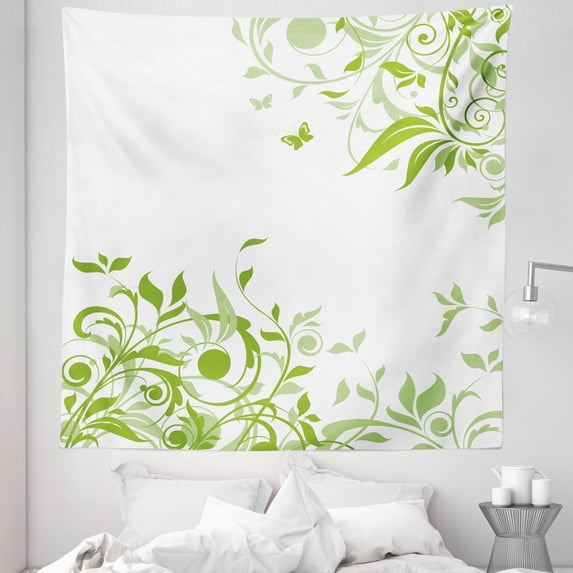 Green Tapestry, Spring Time Theme with Victorian Design Branches Butterfly, Fabric Wall Hanging Decor for Bedroom Living Room Dorm, 5 Sizes, Lime Green Pale Green, by Ambesonne