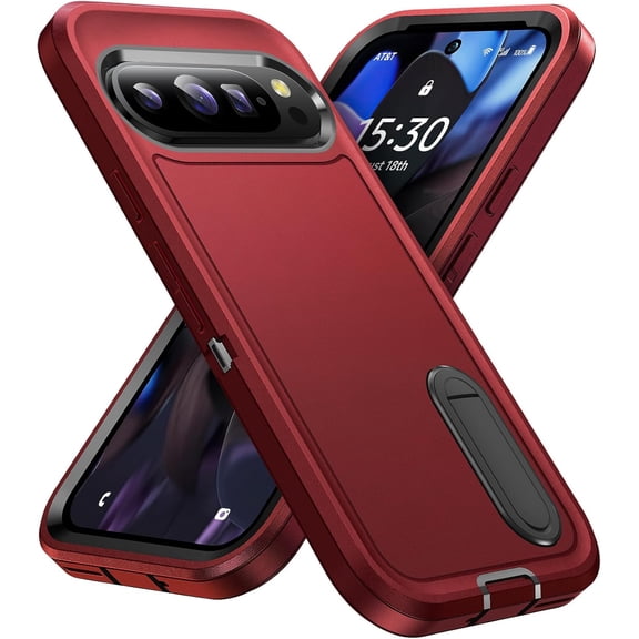 for Google Pixel 9 Case with Built in Kickstand, Shockproof/DropProof Military Grade Protective Cover for Google Pixel 9/Pixel 9 Pro (Red/Black)
