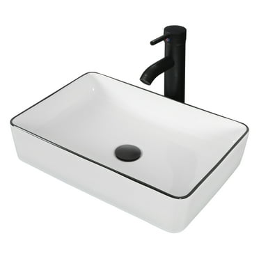 ELECWISH Bathroom Vessel Sink,Ceramic Vessel Sink For Bathroom,Rectangular Ceramic Vessel Sink with Faucet & drainer set, 20*14" Vessel Sink