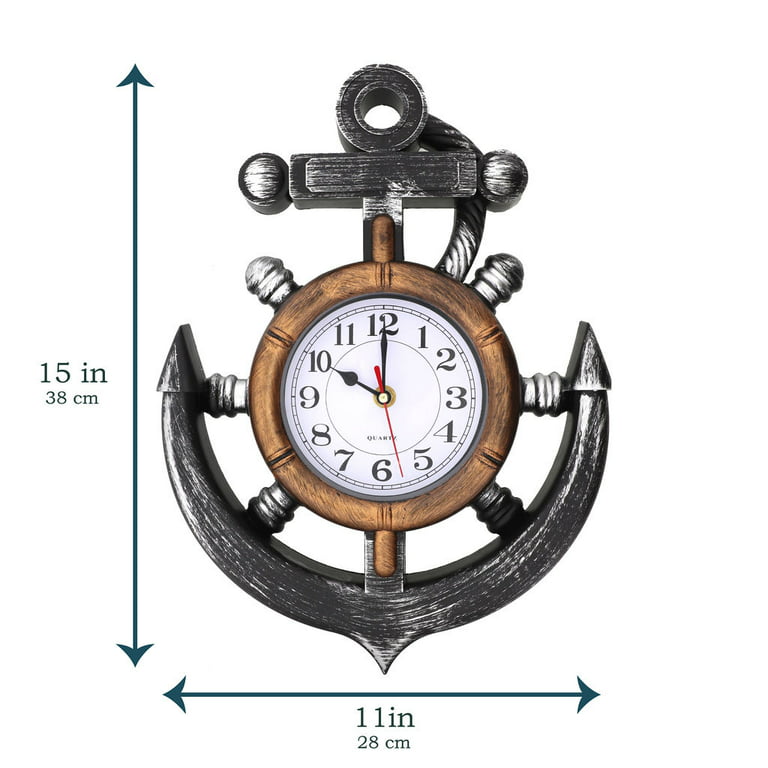 Anchor and Ships Wheel Nautical Themed Wall Clock, Silent Non Ticking Sweep  Movement 