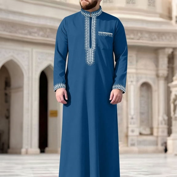 Yaoyar Mens Middle Eastern Traditional Robe Mid Sleeve Round Neck Embroidered Men's Clothing Middle East Kaftan Saudi Arab Caftans Islamic Abaya Dress Dubai Robes
