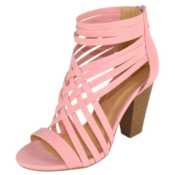 Delicious Shoes Women Block High Heel Cutout Sandals Open Peep Toe Back Zipper Braided Crisscross AVIVA-S Pink 5.5
