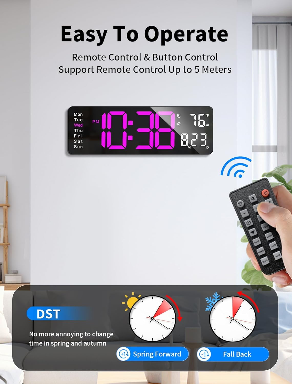 Large Digital Wall Clock with Remote Control, RGB Atmosphere Lights with 11 Scenes Mode, Dual Alarms with Big LED Display, Auto DST, Temperature for Classroom Gaming