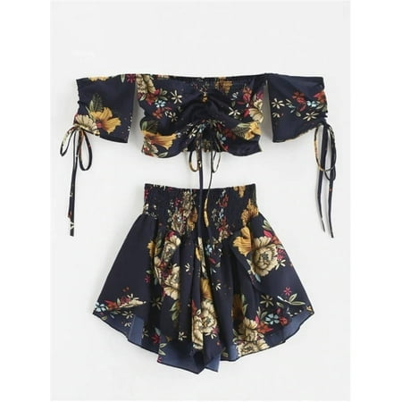 Sexy Off Shoulder Floral Printed 2-piece Set Short Sleeve Crop Top + Elastic Waist Shorts