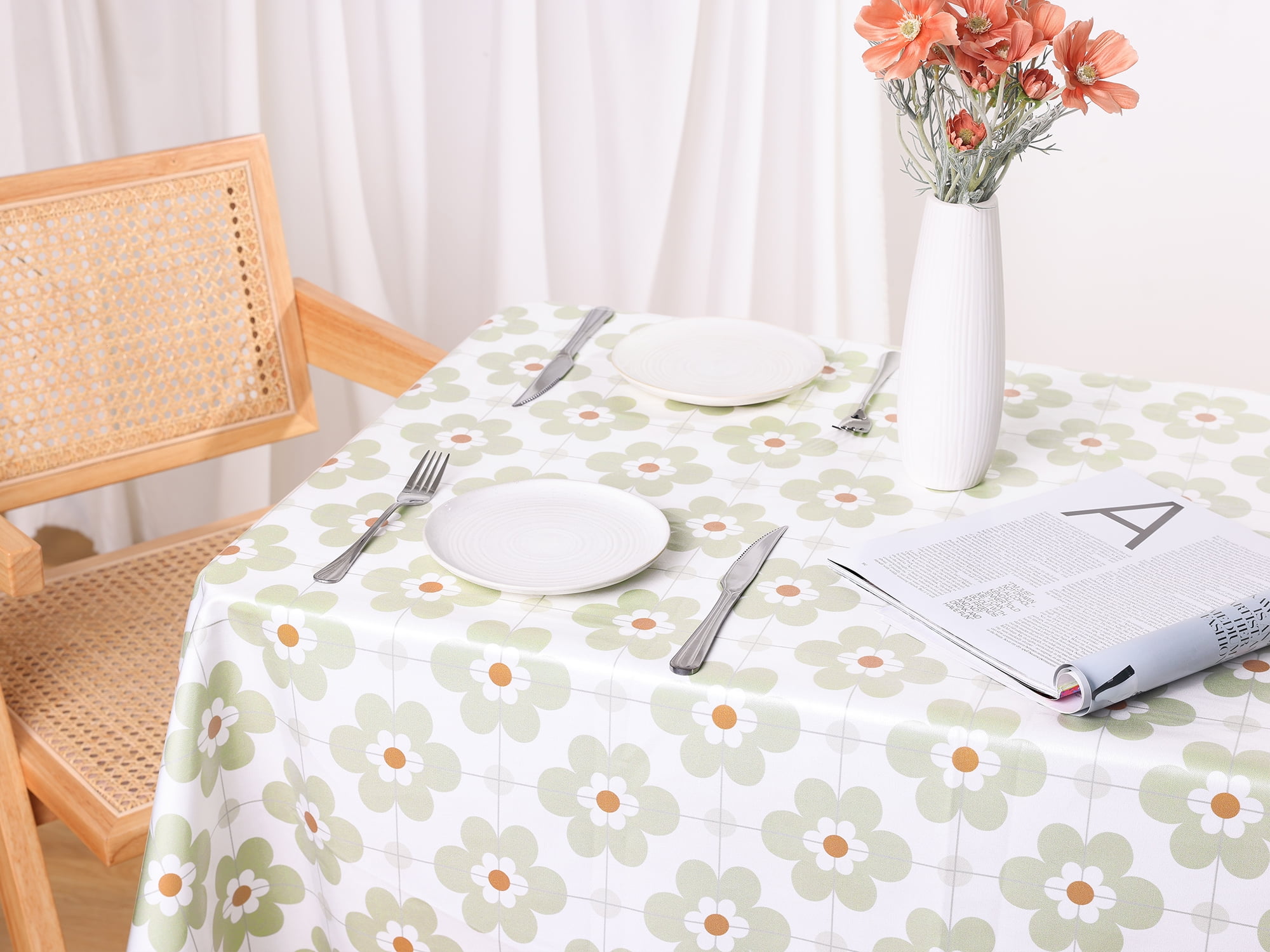 Unique Bargains Rectangle Floral Tablecloth Faux PU Table Cover with Tassels Green Flower 55"x71"