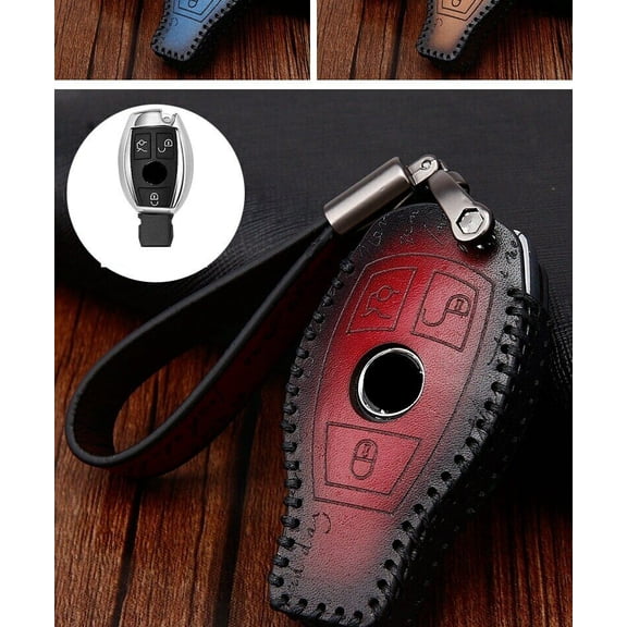 Dobrev Genuine Leather Cover Case Fob Remote Protector KeyChain Skin Holder Keyless Entry for Mercedes Benz C E S G M R SL Class Smart Key red