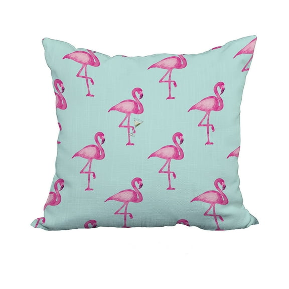 18 x 18 Inch Flamingo Fanfare Martini Aqua Tropical Print Decorative Polyester Throw Pillow with Linen Texture
