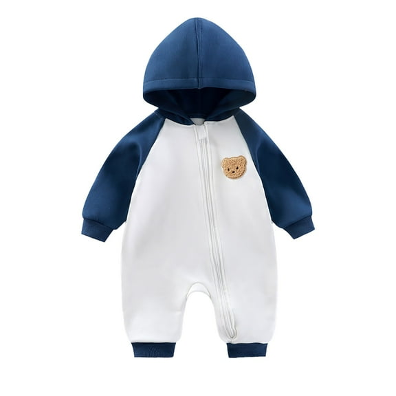 XFHLMJFF Hooded Jumpsuits Baby Wool Bear Ears Long Sleeve Patchwork Zipper Coveralls Warm Winter Onesie for 6-12 Months