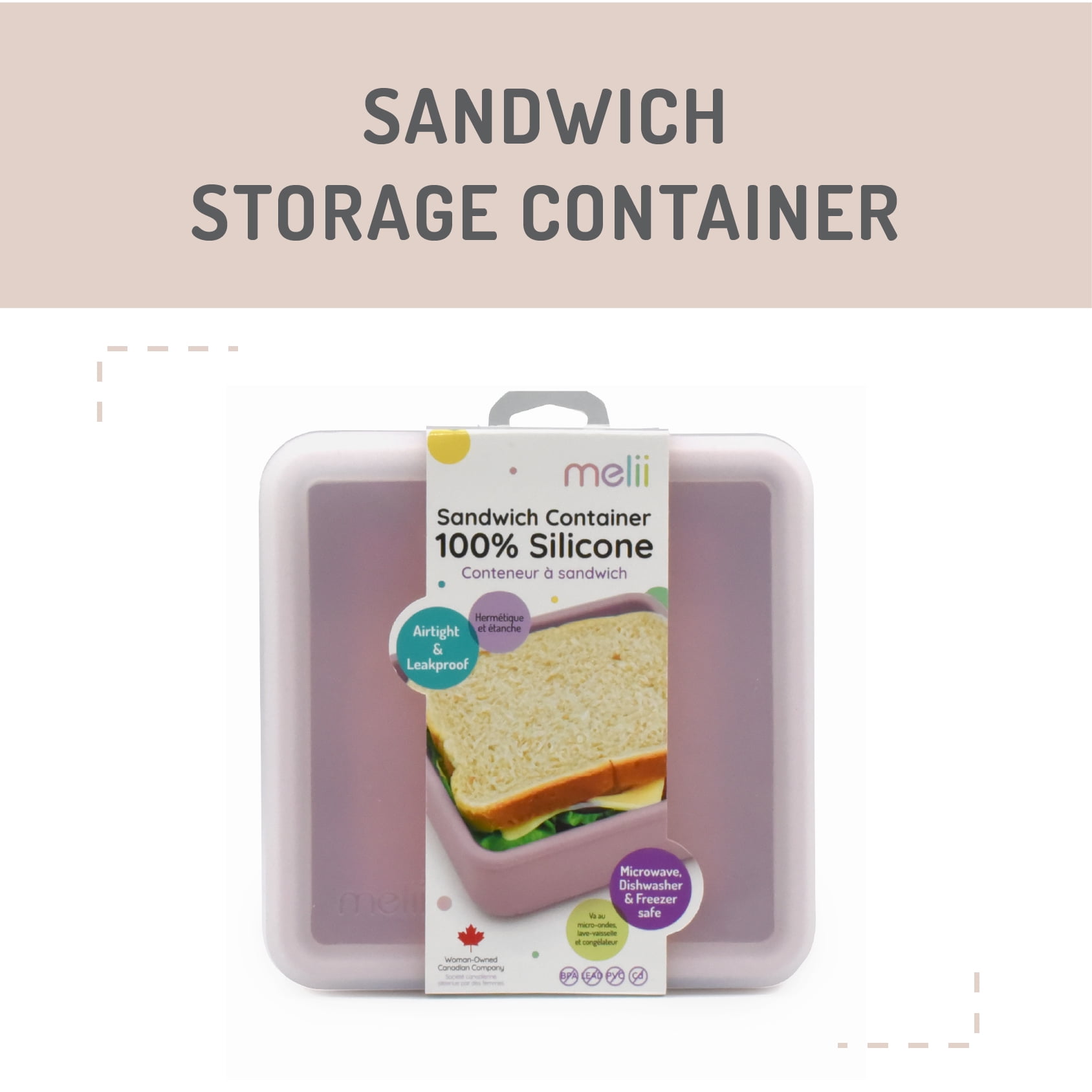 Melii Silicone Sandwich Food Storage Container, Reusable Leak-Resistant Lunch Container - Pink