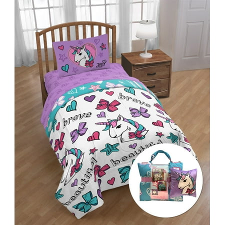 JoJo 'Unicorn Doodle' 6 Piece Twin Bed Set with Bonus Tote and Decorative Pillow, Kid's Bedding