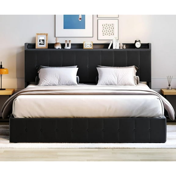 GAOMON Bed Frames, King Size, Black, Upholstered Velvet Platform Bed, Lift Up Storage, Hydraulic Support, Storage Headboard Shelves, Button Tufted Wingback, Easy Assembly