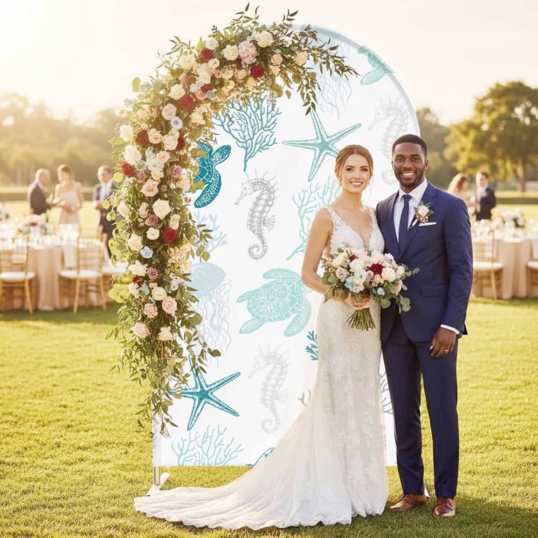 turquoise beach wedding dress Coastal Arch Backdrop Cover, Spandex Fitted Arch Cover, Nautical Summer Coral Sea Turtle Round Top Stand Covers for Birthday Type:Dress + Shawl Final Sale The Tory mid century Smooth and decorate as