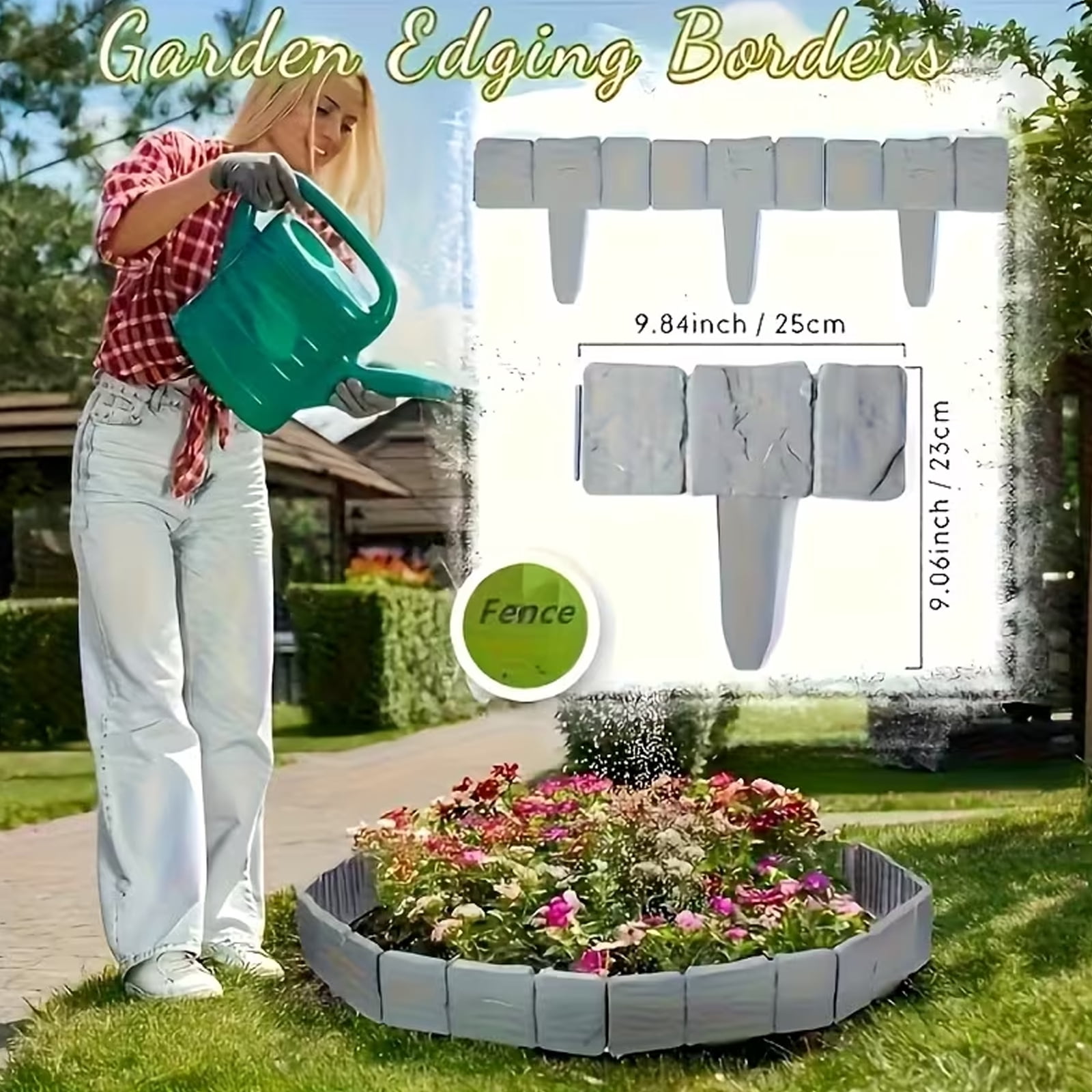 30Pcs 9.84'' L x 9.06'' H Garden Edging Border Landscape Edging Lawn Garden Fence with Gloves Decorative Landscape Border Length Landscaping for Lawn Flower Bed Yard Gray