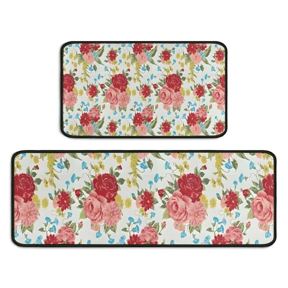 Pioneer Flower Floral Print Pattern Kitchen Rugs Sets Of 2,Anti Fatigue Kitchen Mat Rugs Non Slip Washable,Decorative Kitchen Floor Mats for Kitchen,Sink,Laundry,17"X30" 17"X47"